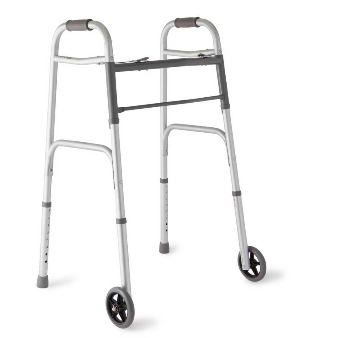 The Medline Two-Button Folding Walker is a lightweight, silver aluminum walker with 5 front wheels and adjustable height. It features padded handles and a black horizontal support bar, ensuring reliable mobility assistance.